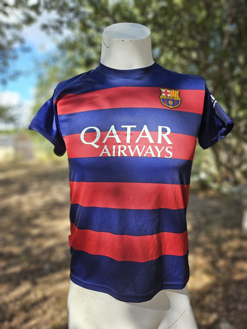 Roger's Blue Striped Polyester Soccer Jersey Shirt FCB Messi 10 Unicef Quatar 12